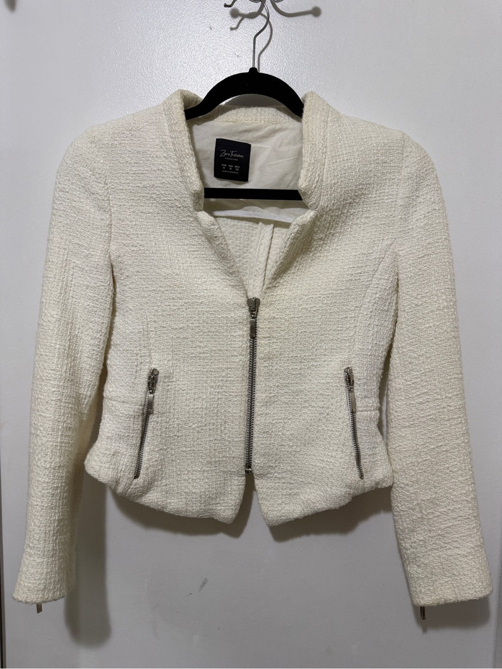 Zara Off-White Textured Zip-Front Blazer Jacket